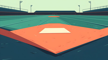 A flat vector illustration for a baseball field background, showing a zoomed-in view of the home plate area, with a centered frame for text. Earthy color palette, clean and sleek design