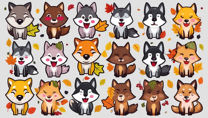 sticker set, different cute funny wolf