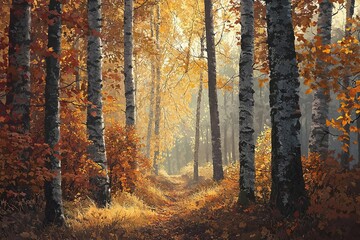 Obraz premium A serene autumn forest path surrounded by golden leaves and tall trees, capturing the beauty of nature in its seasonal splendor.