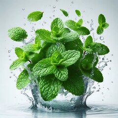 Verdant mint leaves splattering in water