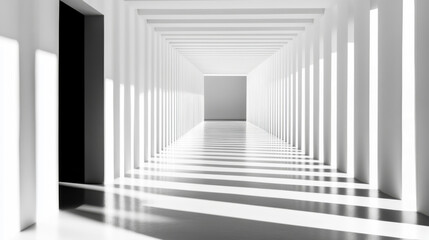 Obraz premium A long, narrow hallway with white walls and black trim