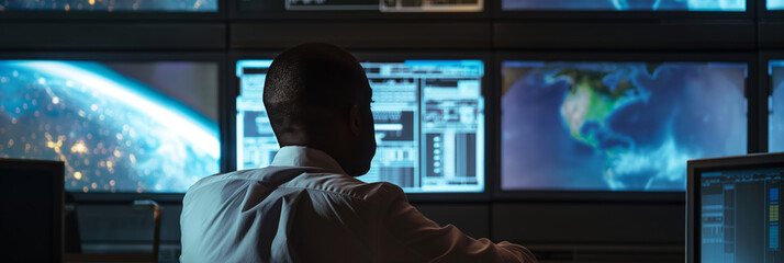 Monitoring global communications in a futuristic control room with multiple screens and technology interfaces
