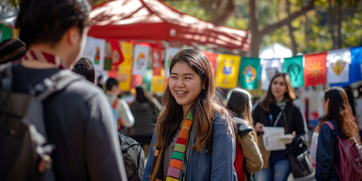 Vibrant outdoor multicultural festival with diverse flags and smiling people