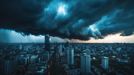 A city skyline is shown with a dark, stormy sky