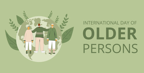 International day of older persons banner template. Planet with senior people. Vector illustration with characters.