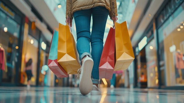 Capturing a stylish scene in a modern mall where a person is seen carrying numerous brightly colored shopping bags, reflecting the aspects of consumerism and retail therapy in a trendy indoor setting