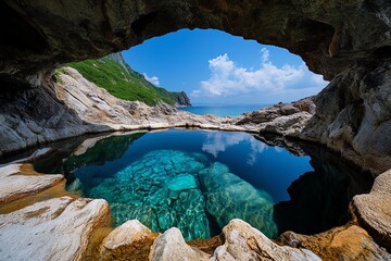 A hot spring under a natural stone arch, creating a picturesque frame for the steaming water below