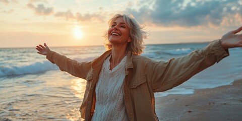Joyful Mature Woman Dancing on Beach: Celebrating Freedom and Vitality. Vibrant Seaside Scene Depicting Carefree Lifestyle and Self-Expression. Ideal for Wellness Retreats, Travel Campaigns, and Posit