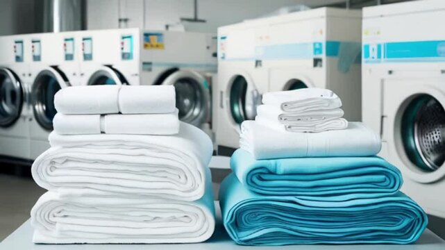 Stacked Clean White Sheets and Surgical Clothes in an Industrial Laundry Setting. Concept Laundry, Stacked Sheets, Clean Whites, Surgical Clothes created with generative ai