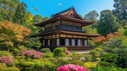 Fototapeta premium Serenity at a Traditional Japanese Temple Surrounded by Lush Garden and Vibrant Blossoms