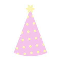 A pink party hat with yellow polka dots, representing a festive celebration
