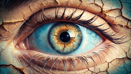 A stylized illustration of a human eye with a cracked, barren landscape inside the iris, symbolizing dryness and discomfort, on a soft blue background.