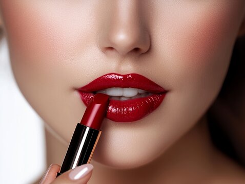 Close up of woman applying lipstick isolated on white background.