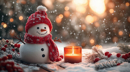Obraz premium Snowman with candle in snowy winter scene surrounded by festive decorations and bokeh lights