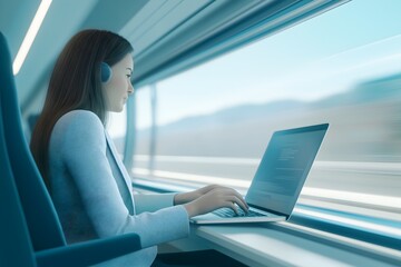 Businesswoman working on a laptop in a high-speed train with a sleek, blue-lit interior, reflecting a modern and futuristic travel environment.