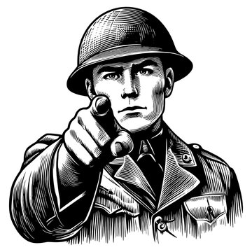 recommend clip art: stern soldier, pointing directly forward, symbolizing military recruitment, duty, and patriotism sketch engraving generative ai PNG illustration. Scratch board imitation. Black and white image.