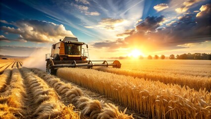 Fototapeta premium Sun-Drenched Fields and the Rhythmic Hum of Harvesting Machinery AI generated