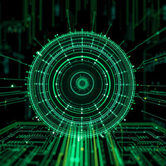 Obraz premium A futuristic green interface hovers above a digital circuit board, symbolizing advanced telecommunication signal technology and data processing.