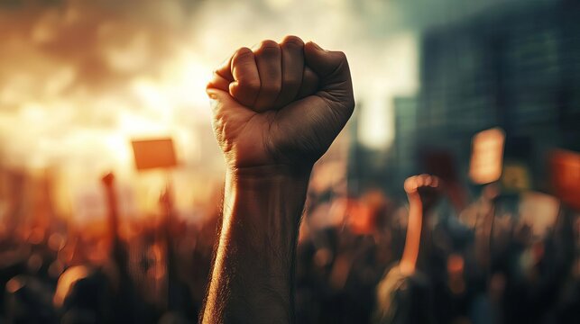A raised fist symbolizes strength and unity during a powerful protest, embodying the spirit of activism and social change.