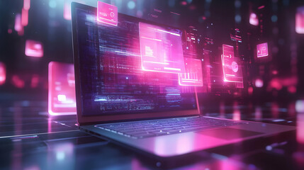 3D Icon as Laptop with holographic AI and financial icons concept as Camera movement Pan across the laptop screen with a focus on glowing holographic AI and financial icons. Scene A modern workspace w