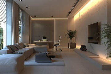 Fototapeta premium Modern and minimalistic living room with elegant furniture, soft lighting, and a workspace, perfect for relaxation and productivity.