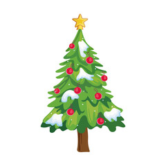 Christmas tree with decorations and snow. Illustration of the main holiday symbol Vector on isolated background