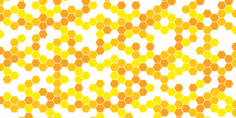 Bee honeycomb banner template with yellow and orange hexagonal cells. Vector honey texture background
