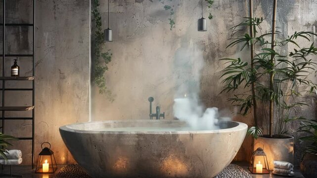 Serene Japanese-inspired bathroom with a handmade ceramic bathtub surrounded by bamboo and plants, wabi sabi interior style	