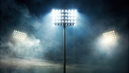 Stadium light with fog subtly obscured by the mist and illuminated by the stadium light, performance, scene, mist, dusk, background, glow, spotlight, stadium, shiny, light, surreal