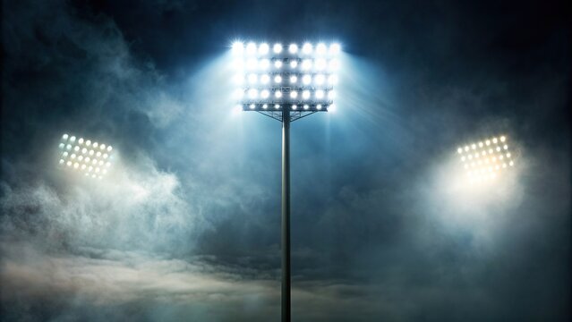 Stadium light with fog subtly obscured by the mist and illuminated by the stadium light, performance, scene, mist, dusk, background, glow, spotlight, stadium, shiny, light, surreal