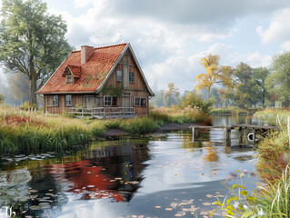 Obraz premium Charming wooden house with red roof, situated by a tranquil lake with autumn-tinted trees, invoking serenity and reflection in a picturesque landscape.