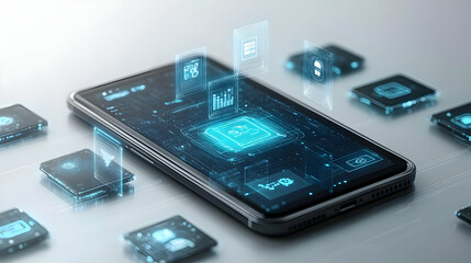 3D Icon as Mobile phone with holographic cyber security icons concept as Camera movement Rotate around the mobile phone with a focus on glowing holographic cyber security icons. Scene A tech savvy env