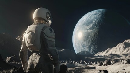 Naklejka premium The astronaut stands on the moon, looking towards Earth, with a backdrop of craters and rocky landscape under a star-filled sky, creating a moment of awe and exploration