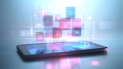 3D Icon as Mobile phone with holographic cyber security icons concept as Camera movement Rotate around the mobile phone with a focus on glowing holographic cyber security icons. Scene A tech savvy env