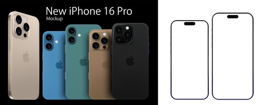 New iPhone 16 Pro Mockup in Multiple Colors. A detailed mockup of the new iPhone 16 Pro, showcasing the device in various colors including gold, blue, green, brown, and black. MINSK, BELARUS