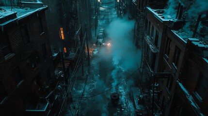 A moody urban alleyway shrouded in fog and steam, capturing the essence of a mysterious nighttime cityscape.