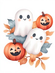 Cute Halloween Ghosts and Pumpkins with Autumn Leaves