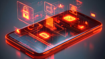 3D Icon as Mobile phone with holographic cyber security icons concept as Camera movement Rotate around the mobile phone with a focus on glowing holographic cyber security icons. Scene A tech savvy env