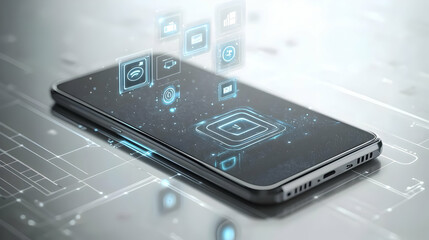 3D Icon as Mobile phone with holographic cyber security icons concept as Camera movement Rotate around the mobile phone with a focus on glowing holographic cyber security icons. Scene A tech savvy env