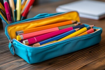 Colored pencils in a blue pencil case with yellow lining on a wooden desk