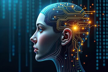 Obraz premium Artificial Intelligence. A female robot head with glowing circuits and binary code, representing the future of technology.