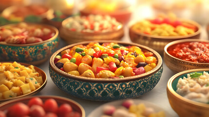 3D Icon as People enjoying festive food with glossy dishes for Sharad Purnima concept as Camera movement Pan across the people enjoying festive food. Scene Isolated dining area with glossy dishes. Det