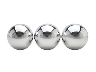 Three reflective metallic spheres on white background, polished and shiny.