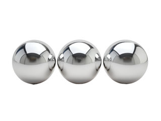 Three reflective metallic spheres on white background, polished and shiny.
