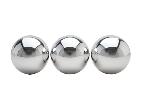 Three reflective metallic spheres on white background, polished and shiny.