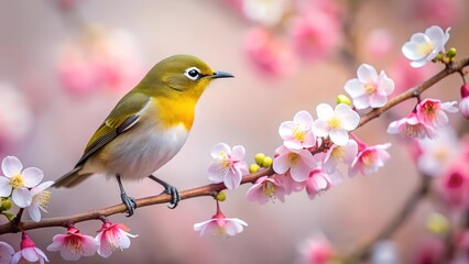 A Delicate Dance of Beauty: Capturing the Tranquil Moment of a White-eye and Plum Blossom  AI Generated