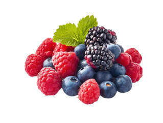 Assorted fresh berries, isolated on white background, high detail, vibrant colors PNG transparent.