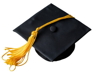 Black graduation cap with yellow tassel, isolated on white background, educational symbol PNG transparent.