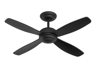 Black ceiling fan with four blades, isolated on white background, minimalistic design PNG transparent.