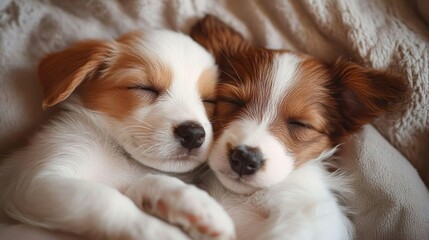 Fototapeta premium Adorable puppies cuddled close ideal for creating heartwarming and cozy pet-themed images